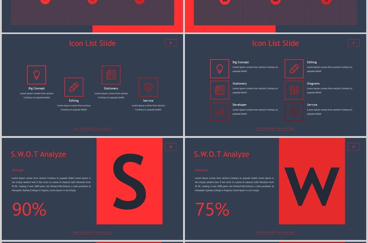 高端深色SWOT产品分析展示策划项目PPT模板Corse Powerpoint Template