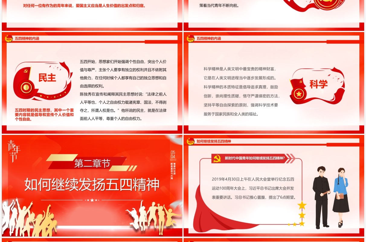 红色简约风纪念五四运动弘扬五四精神PPT模板