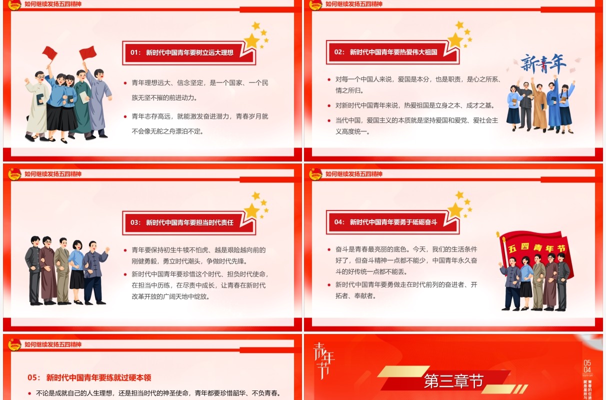红色简约风纪念五四运动弘扬五四精神PPT模板