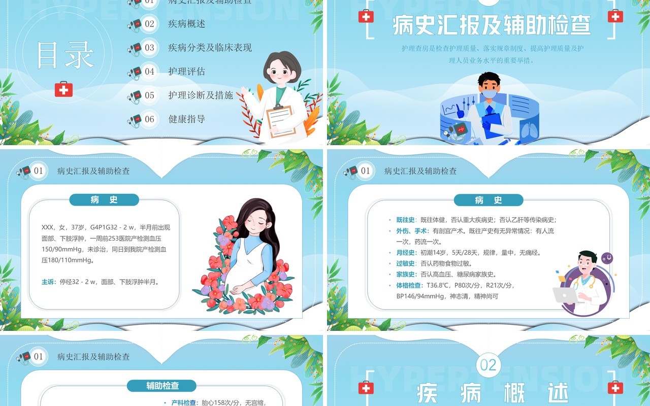 蓝色卡通风妊娠期高血压产科护理查房PPT模板