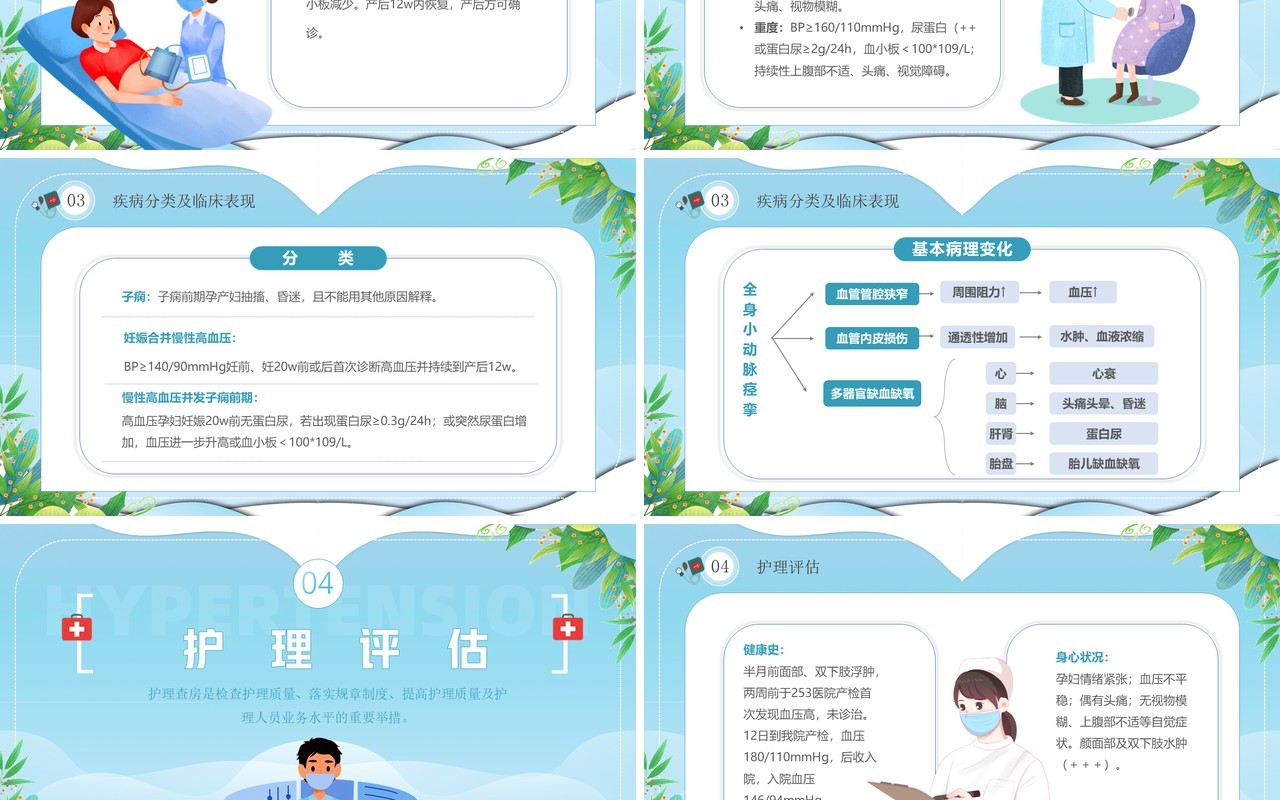 蓝色卡通风妊娠期高血压产科护理查房PPT模板