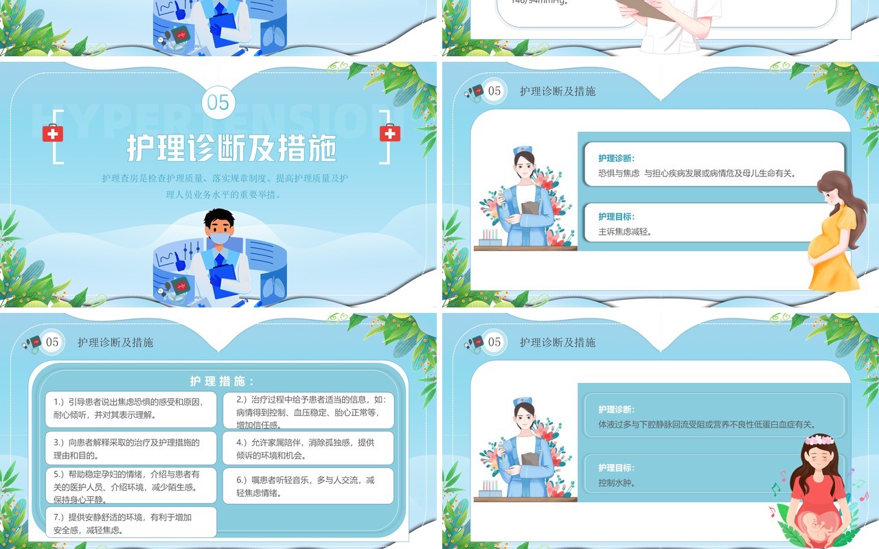 蓝色卡通风妊娠期高血压产科护理查房PPT模板