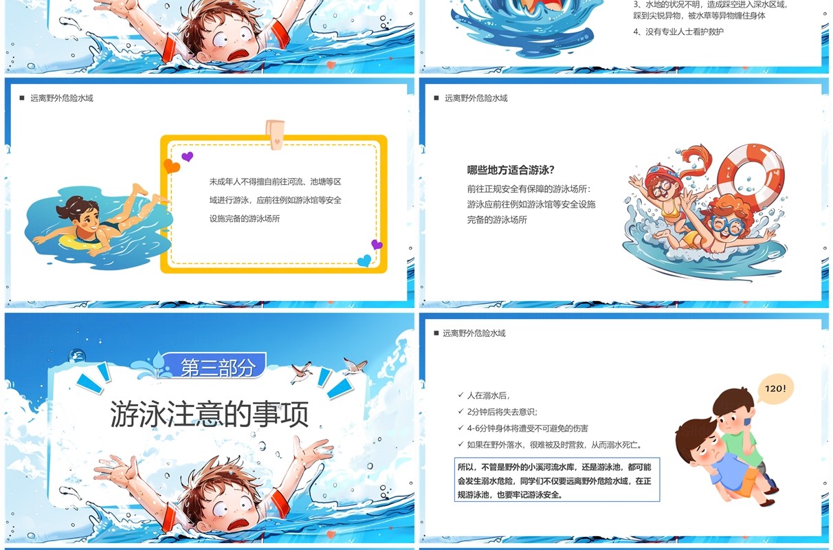 蓝色插画风预防溺水儿童安全教育PPT模板