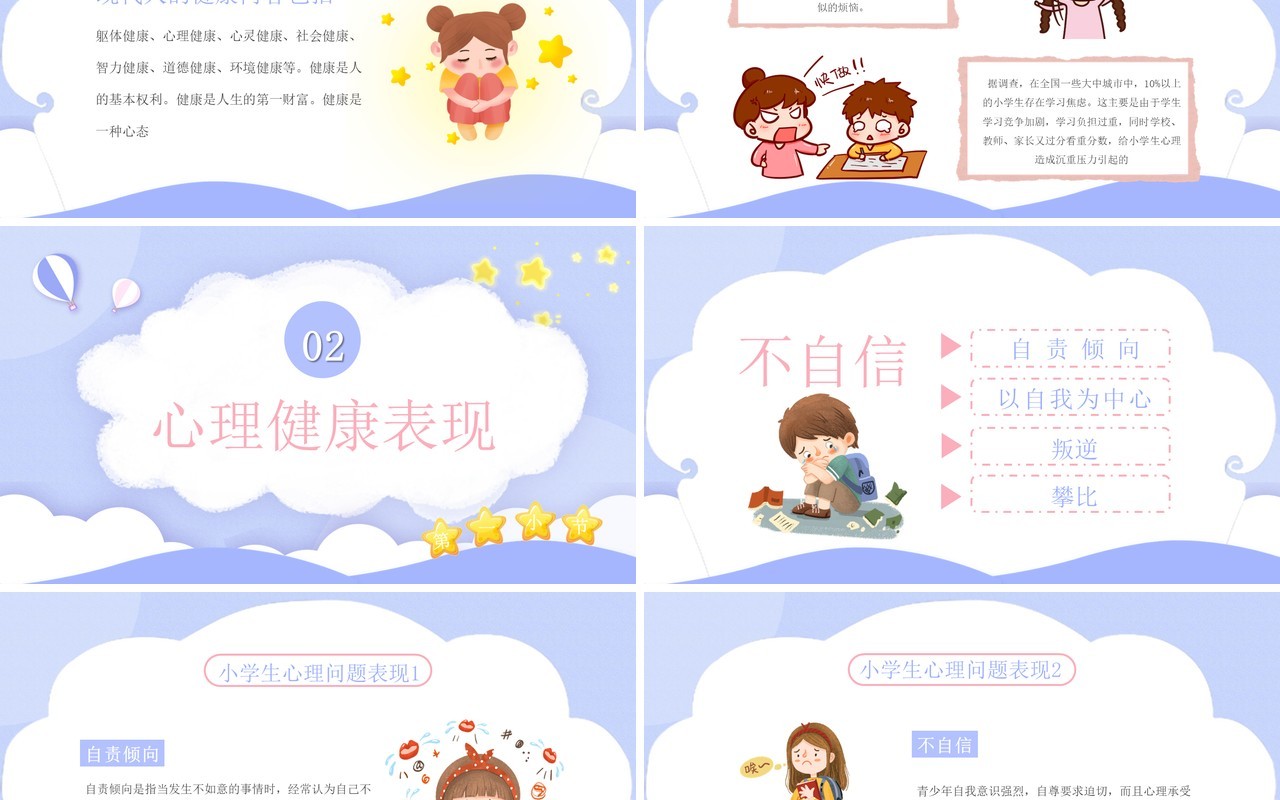 淡紫色卡通小学生心理健康教育讲座PPT模板