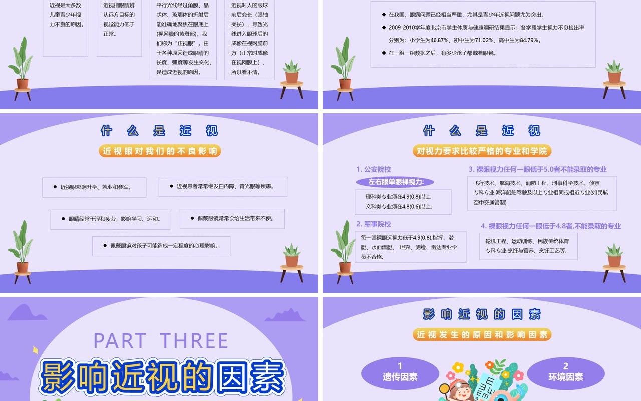 紫色卡通风爱眼护眼预防近视PPT模板