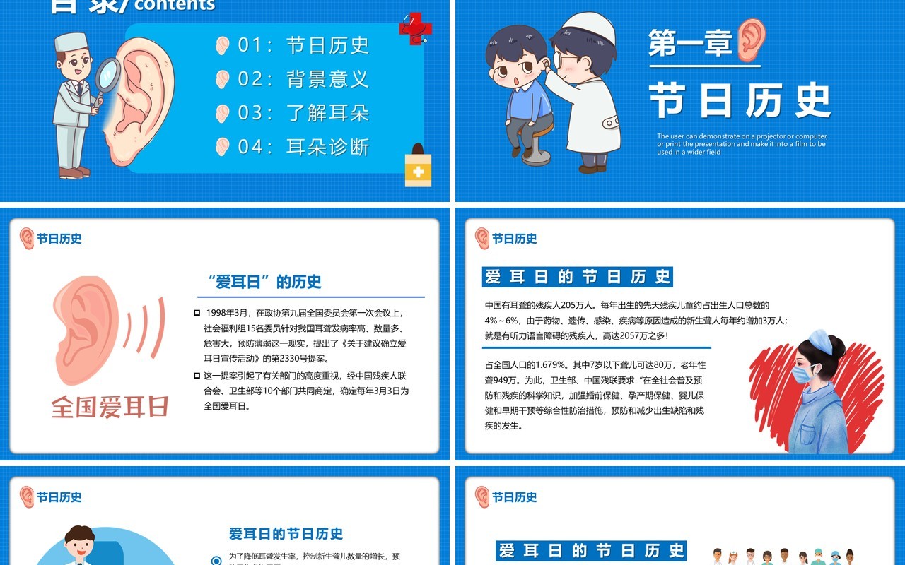 蓝色卡通风全国爱耳日宣传教育培训PPT模板