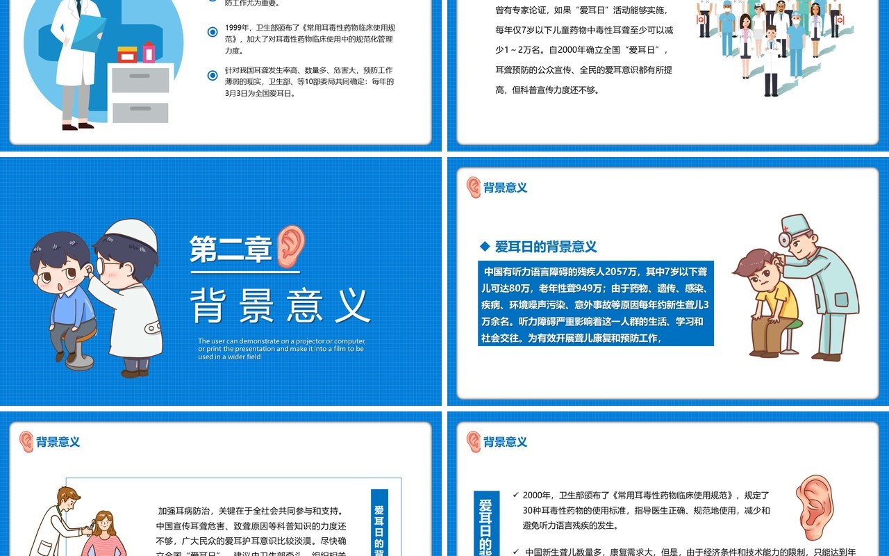 蓝色卡通风全国爱耳日宣传教育培训PPT模板