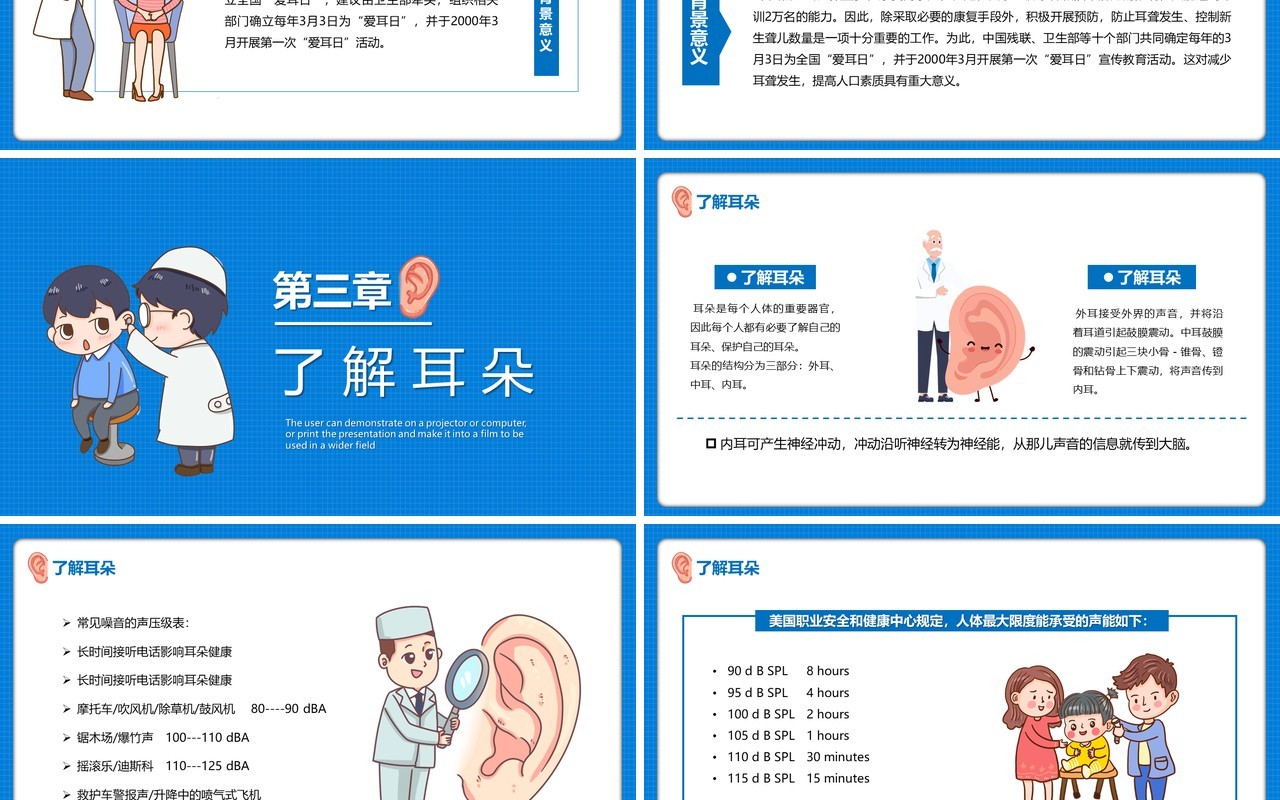 蓝色卡通风全国爱耳日宣传教育培训PPT模板