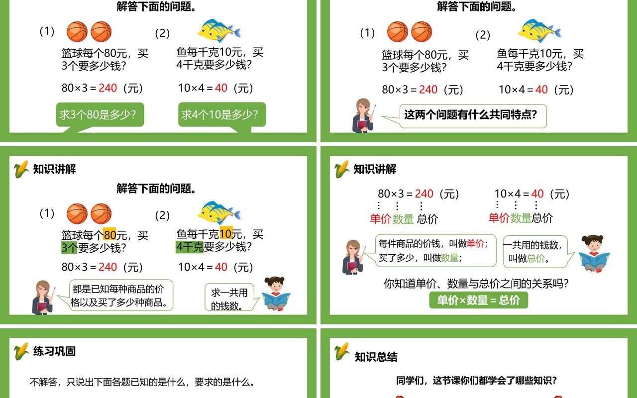 部编版四年级数学上册单价数量和总价课件PPT模板