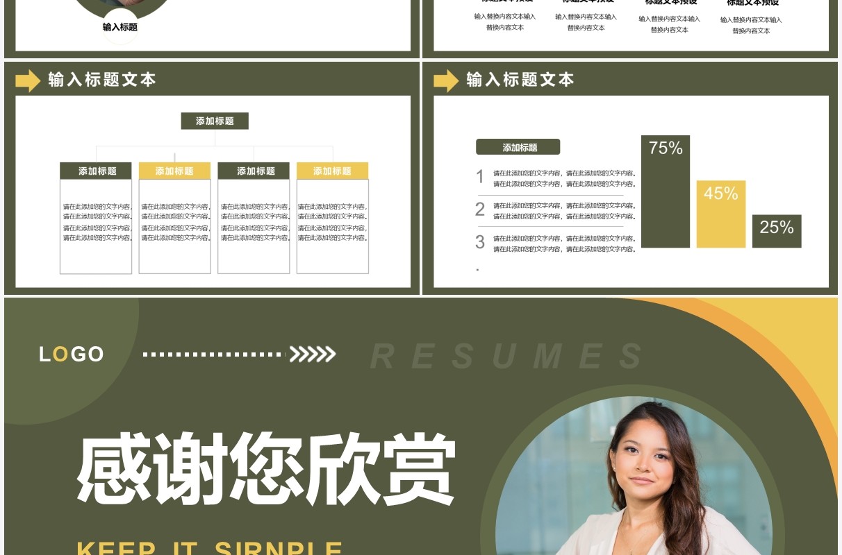 黄绿色简约时尚个人简历PPT通用模板