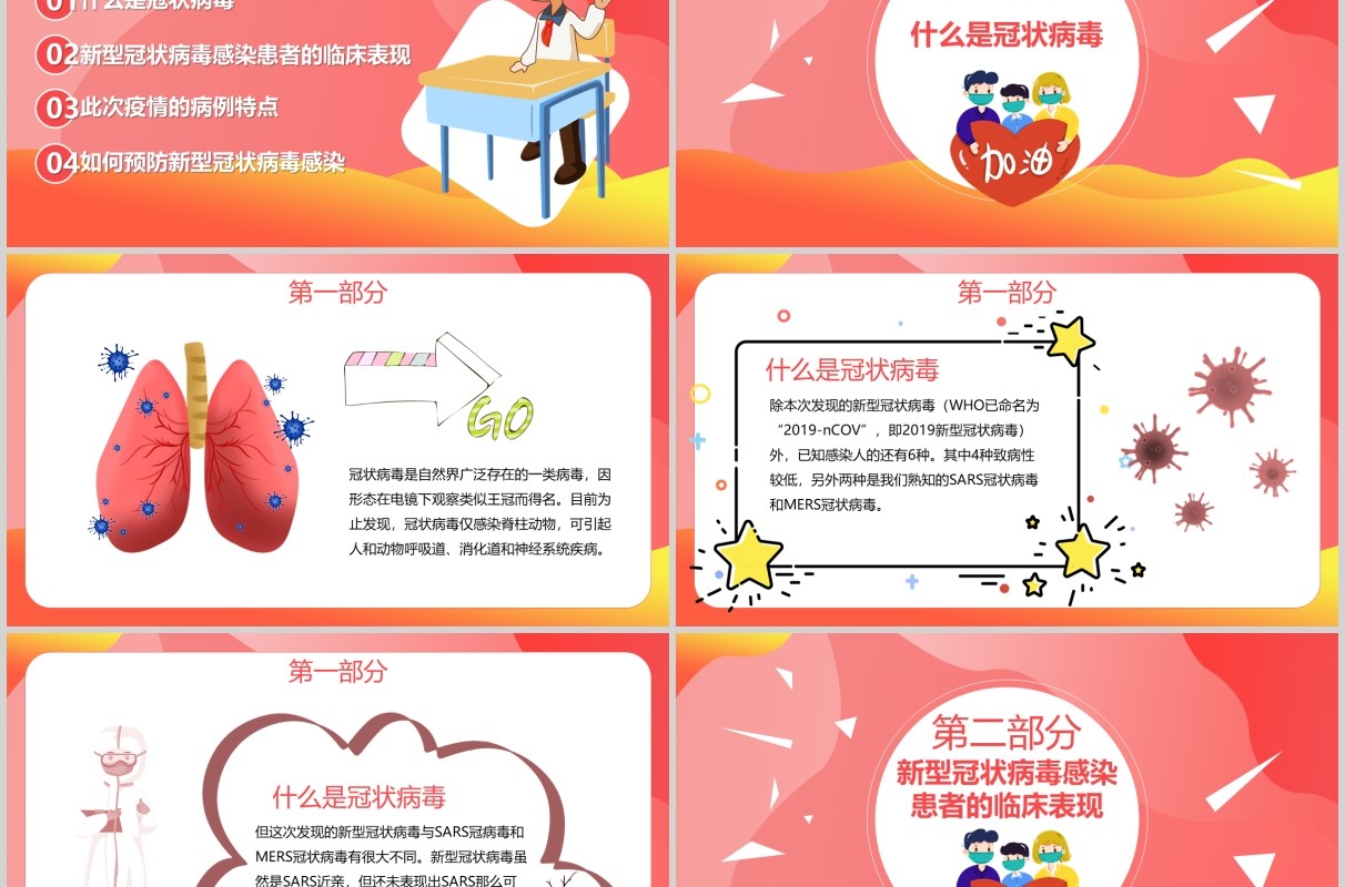 红色新型冠状病毒感染肺炎预防知识主题班会PPT课件模板