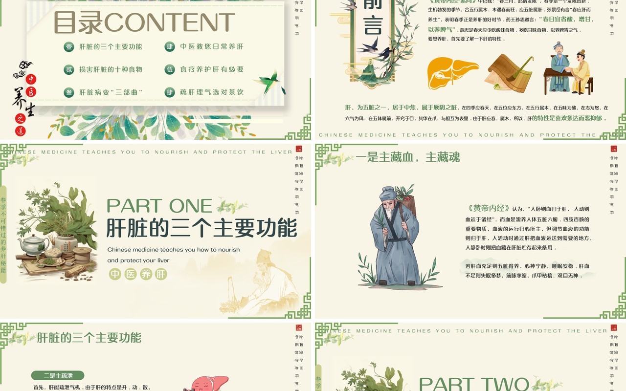 绿色中国风春季养肝中医知识PPT模板