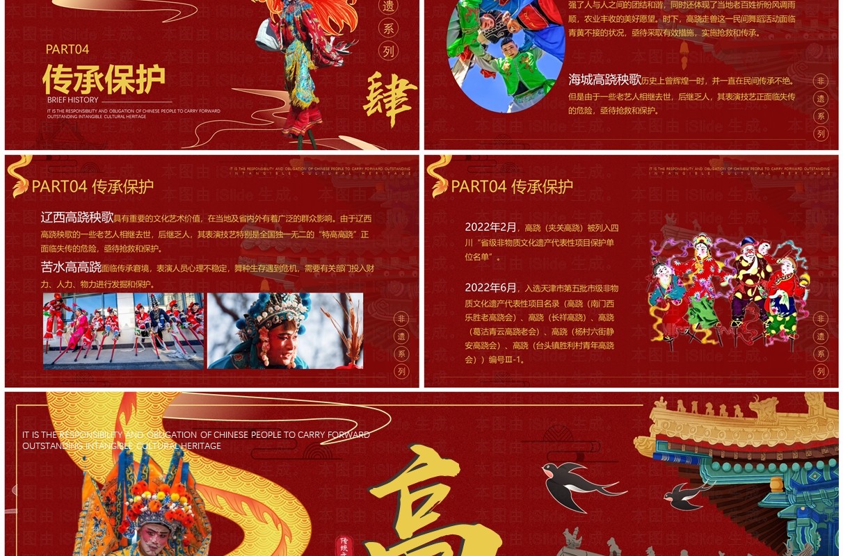 红色中国风非遗系列之高跷PPT模板