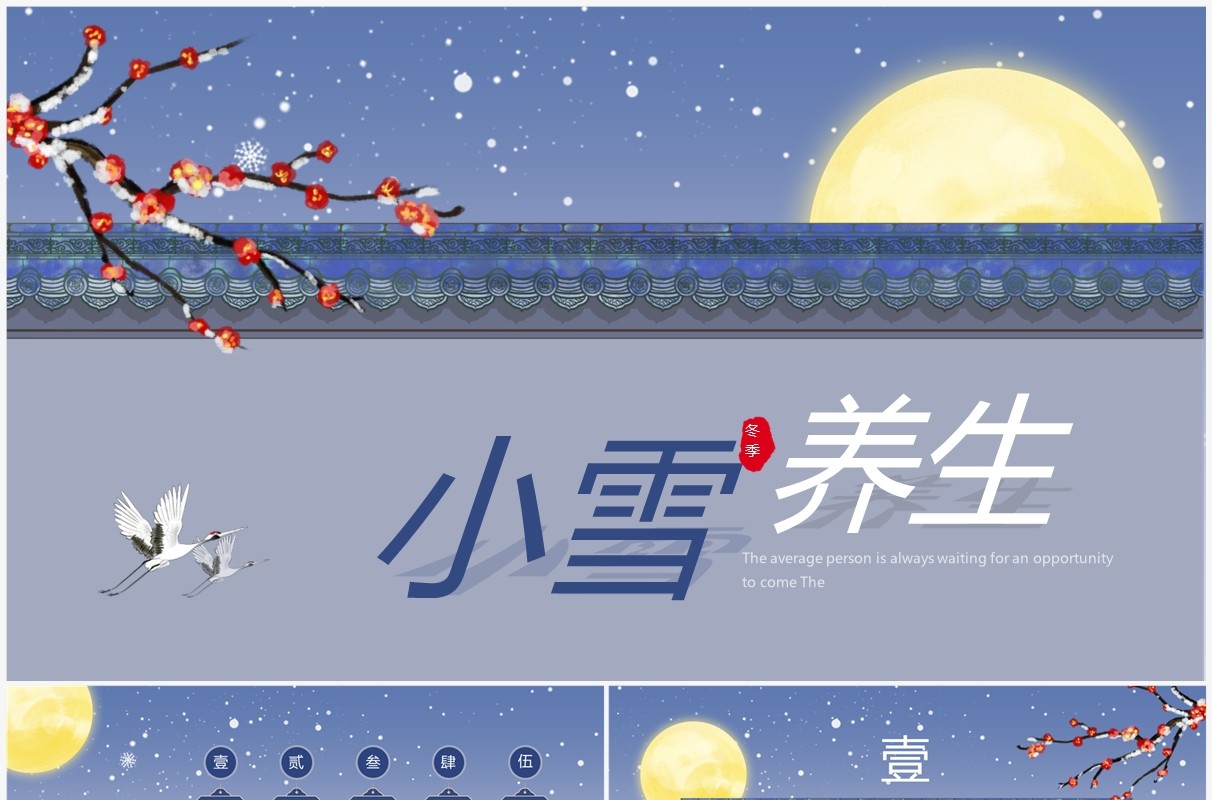 蓝紫色简约中国风小雪养生宣传PPT模板