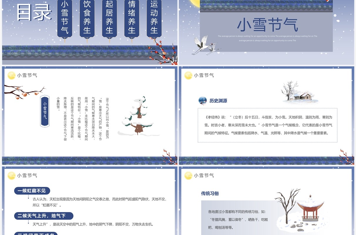蓝紫色简约中国风小雪养生宣传PPT模板