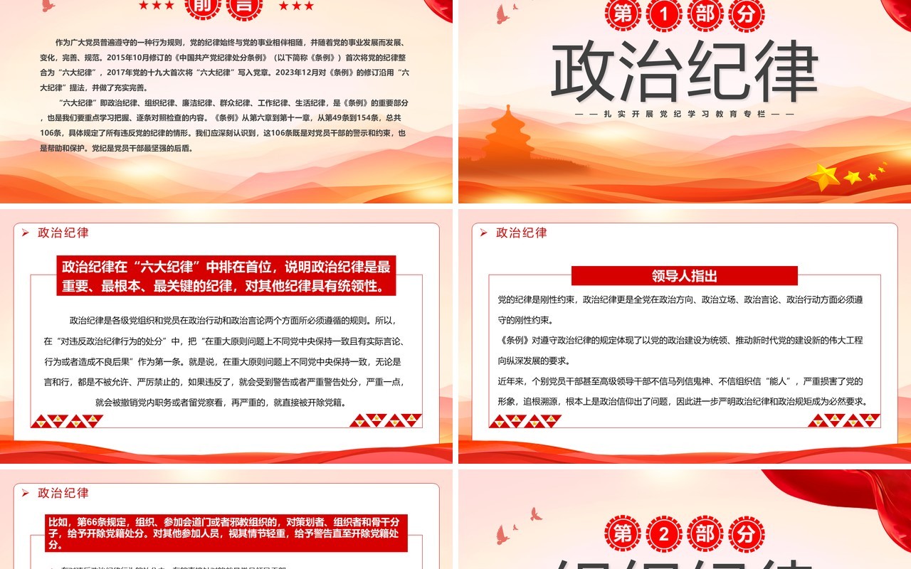 红色简约恪守六大纪律筑牢思想根基PPT模板