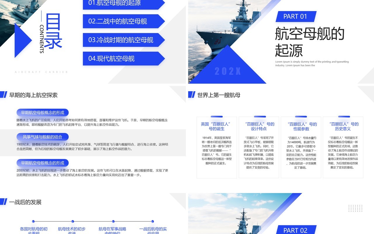 蓝色商务风航空母舰发展史介绍PPT模板