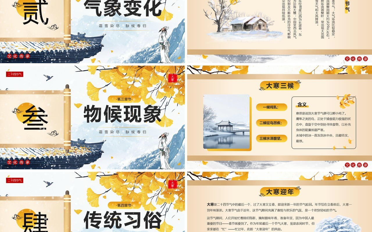 黄色中国风二十四节气之大寒介绍PPT模板