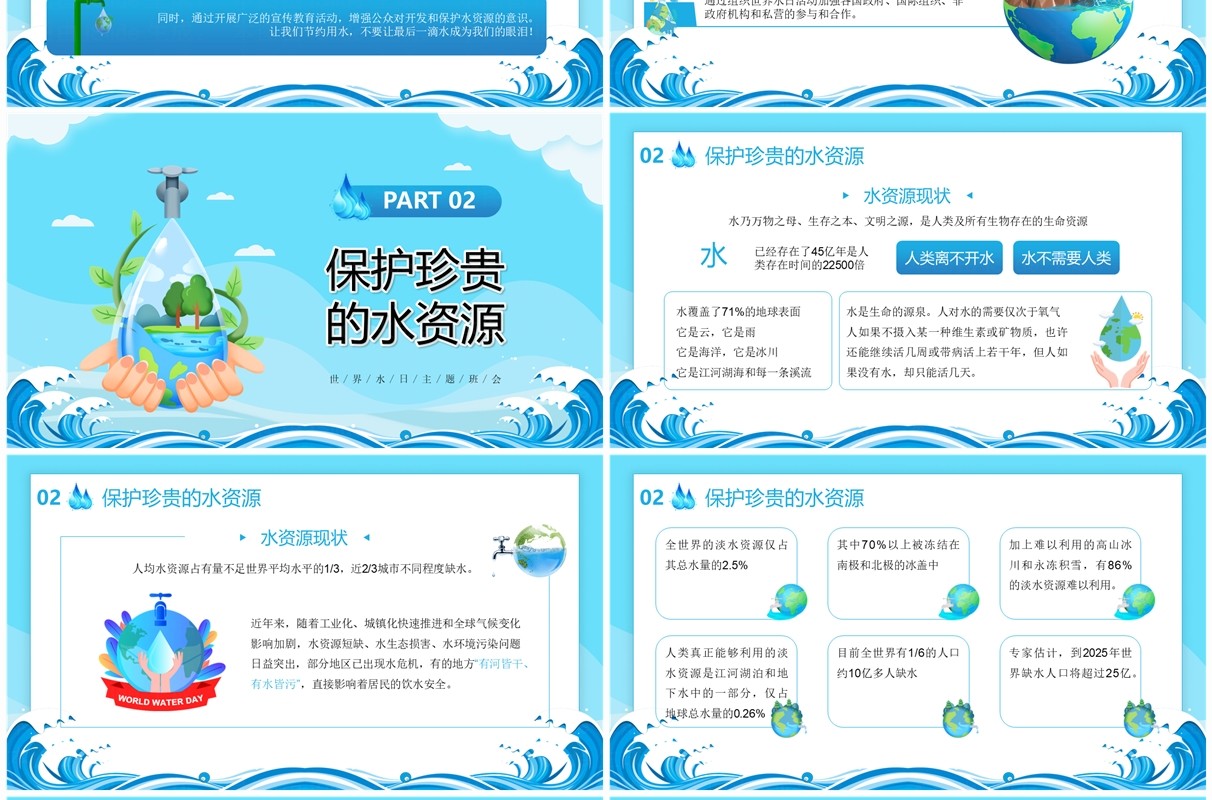 蓝色卡通风保护水资源拒绝浪费PPT模板