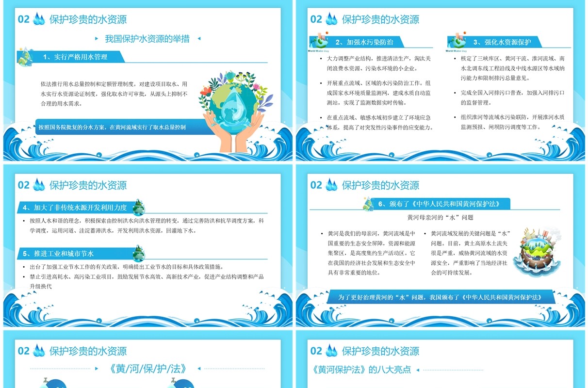 蓝色卡通风保护水资源拒绝浪费PPT模板