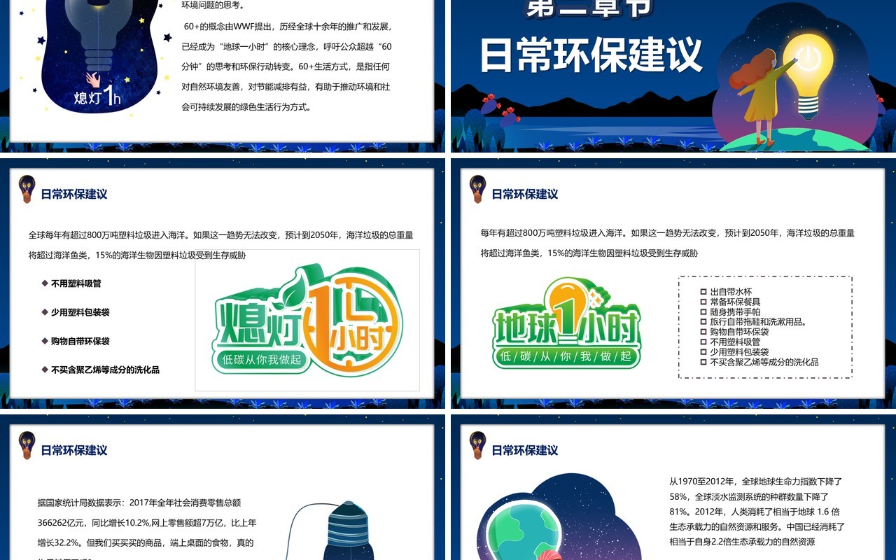 蓝色卡通节能减排地球一小时活动PPT模板