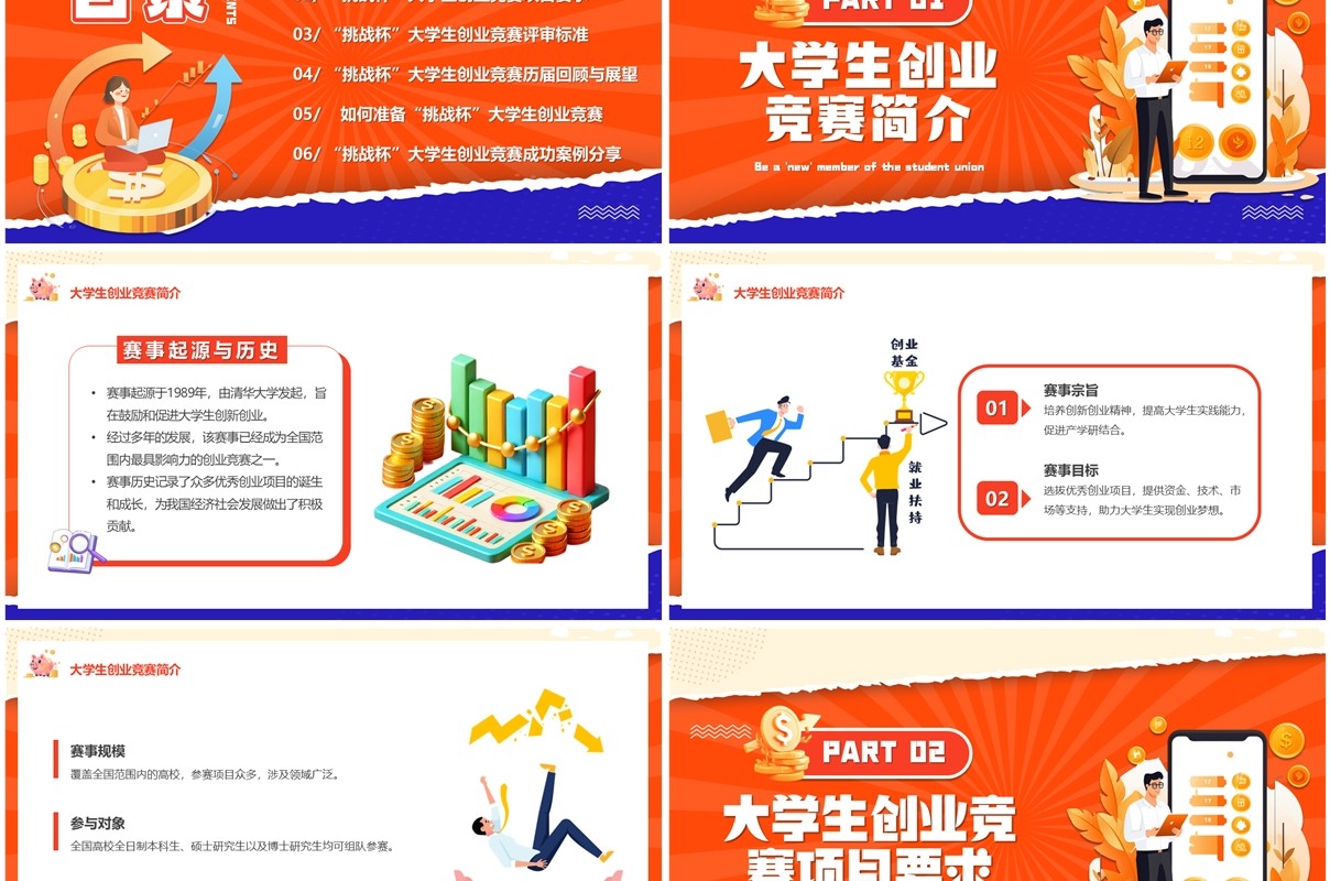 橙色扁平化挑战杯大学生创业竞赛PPT模板