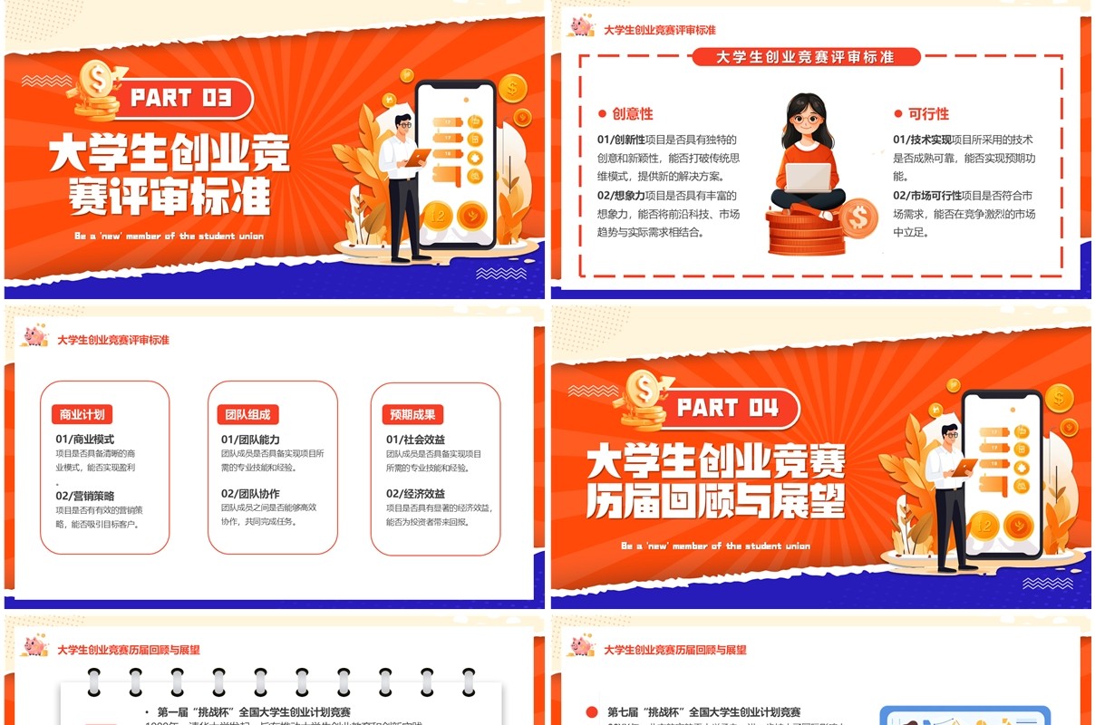 橙色扁平化挑战杯大学生创业竞赛PPT模板