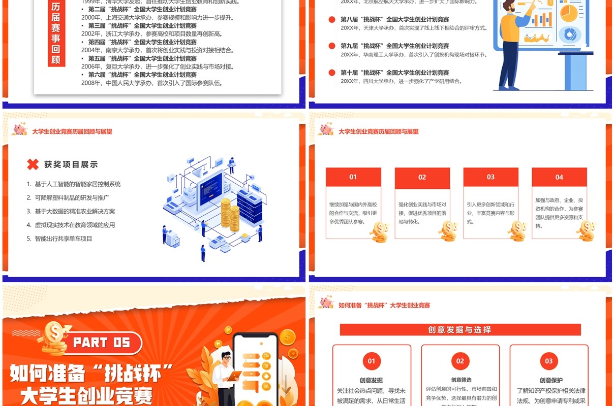 橙色扁平化挑战杯大学生创业竞赛PPT模板