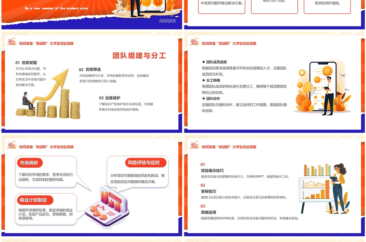 橙色扁平化挑战杯大学生创业竞赛PPT模板