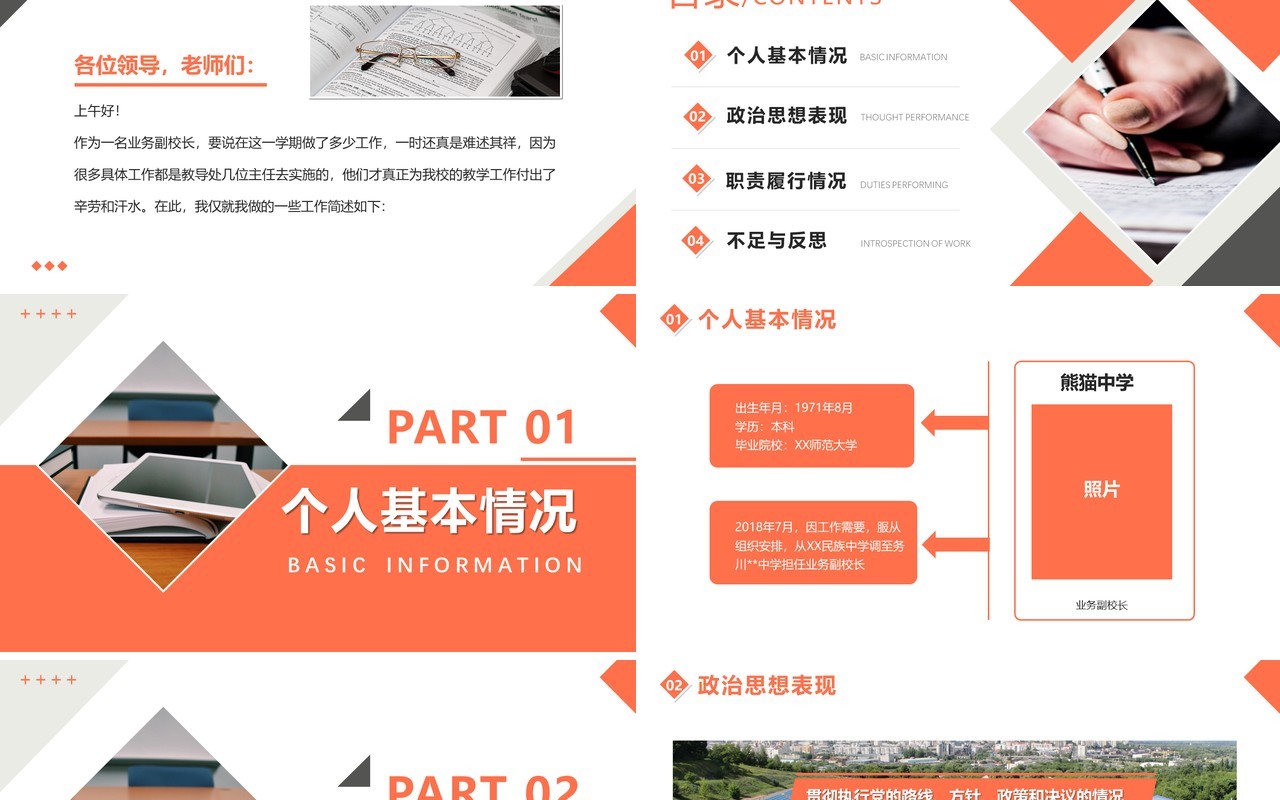 橙色简约业务副校长工作总结述职报告PPT模版