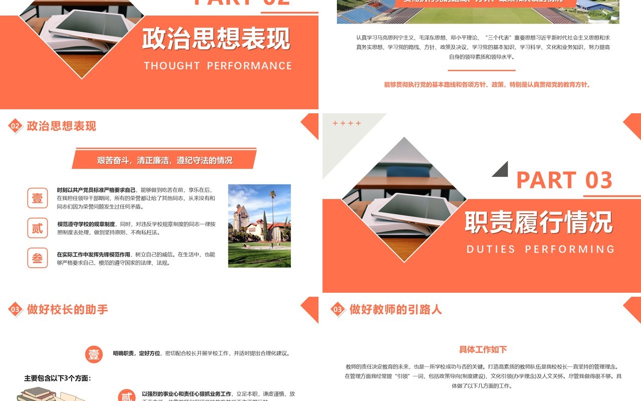 橙色简约业务副校长工作总结述职报告PPT模版