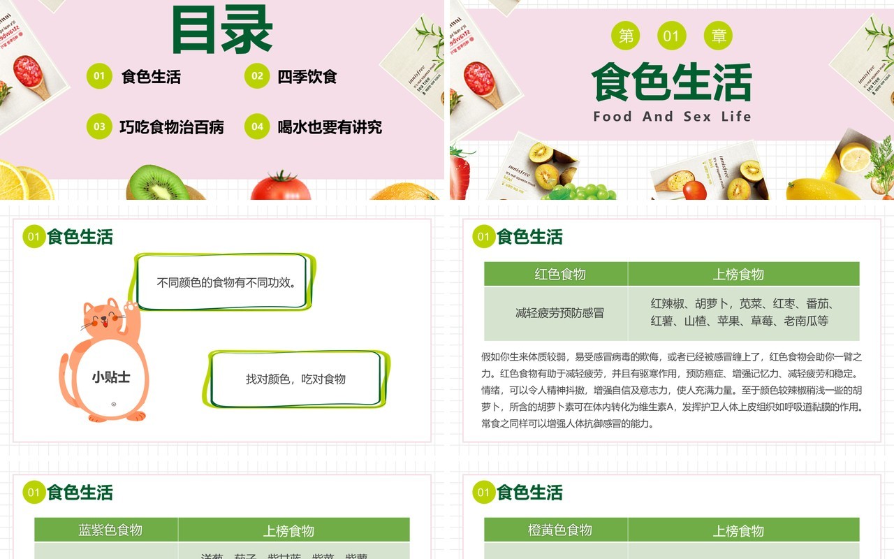 粉绿色简约健康饮食生活小常识PPT模板