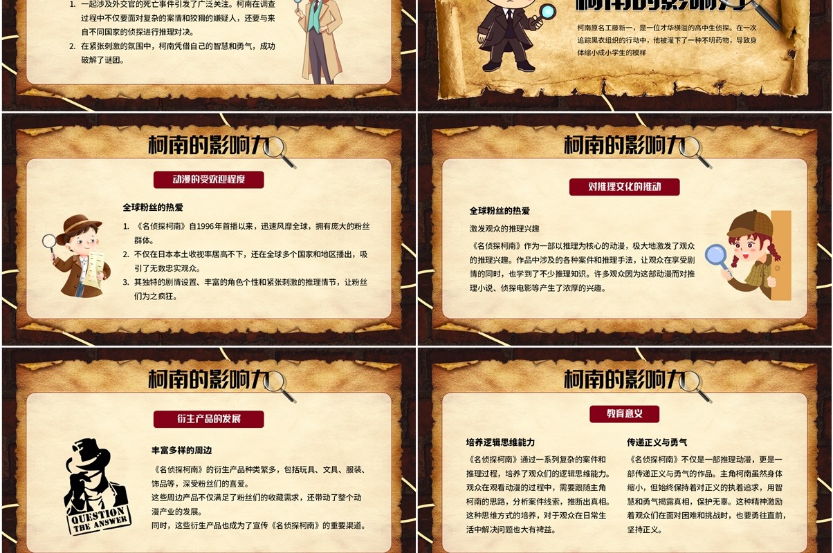 棕色卡通风格侦探柯南介绍PPT模板