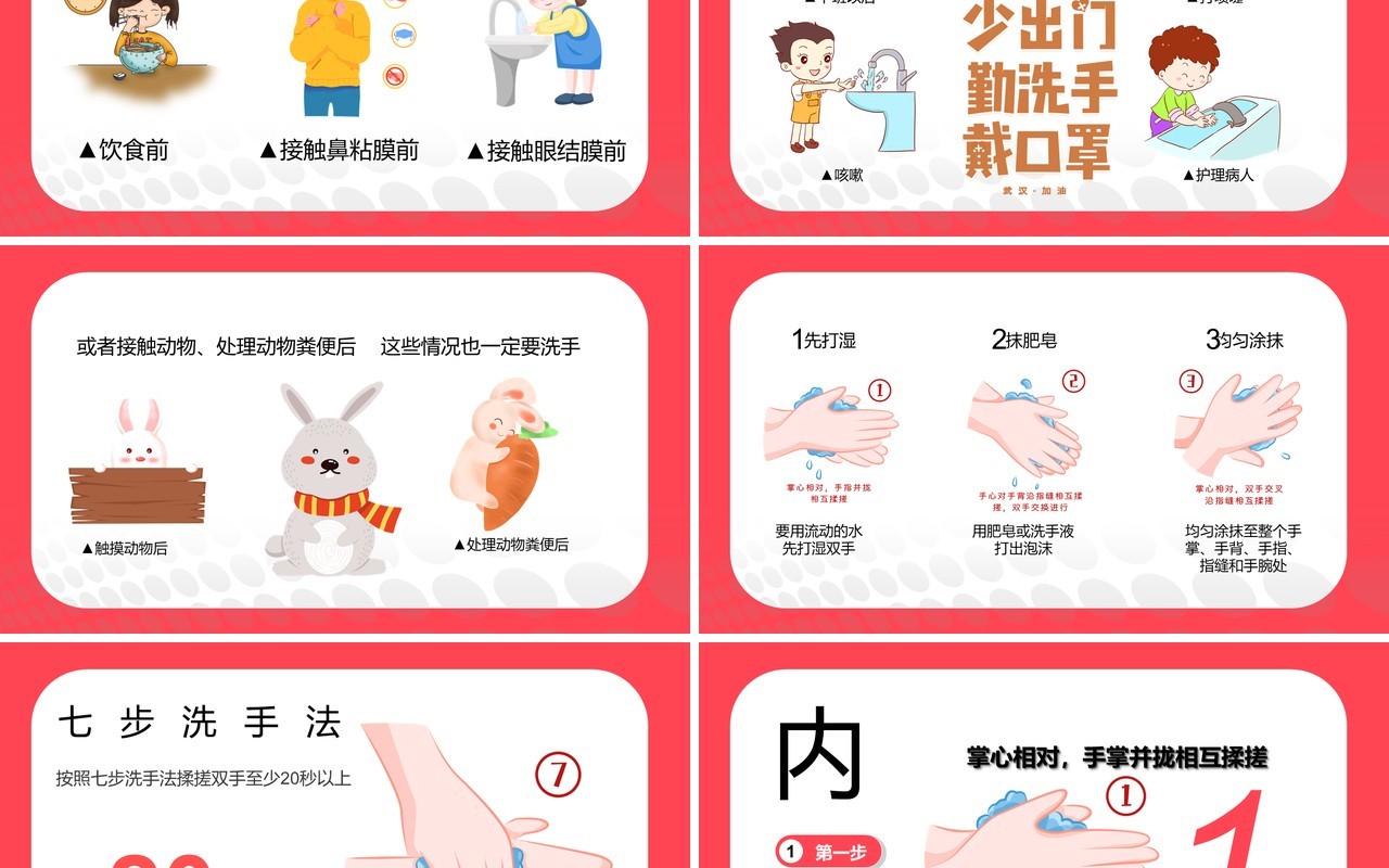 卡通风七步洗手法儿童教育PPT模板