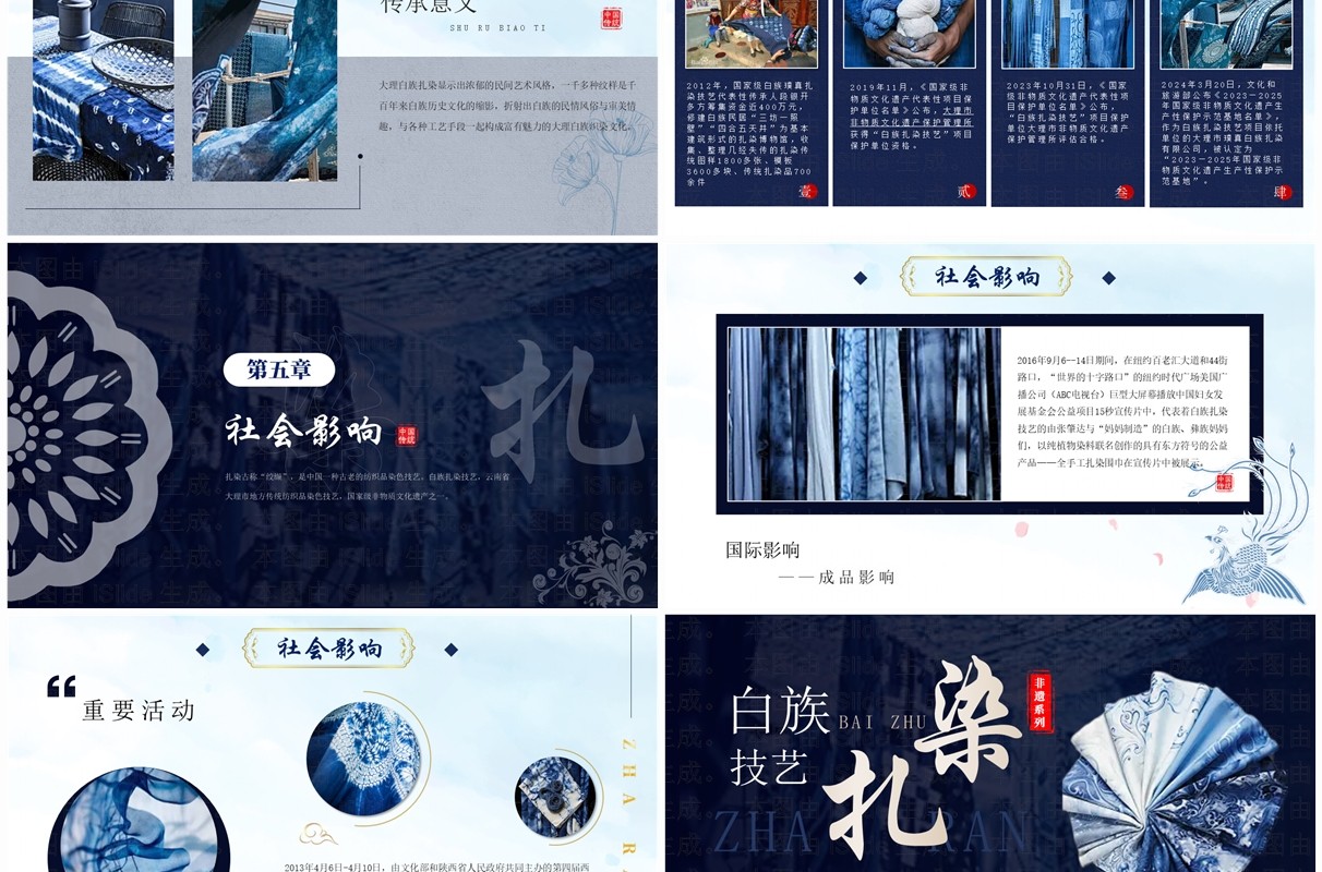 蓝色中国风非遗系列之白族扎染PPT模板