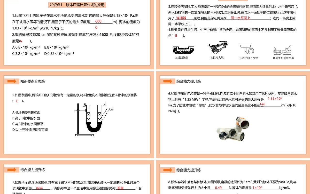 部编版八年级物理下册液体压强计算公式的应用和连通器课件PPT模板