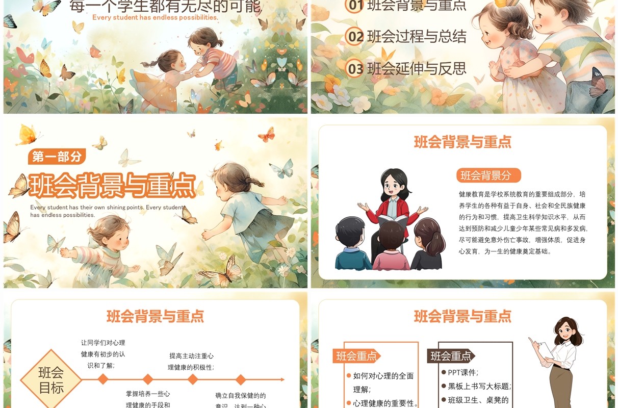 橙色插画风小学生心理健康主题班会PPT模板