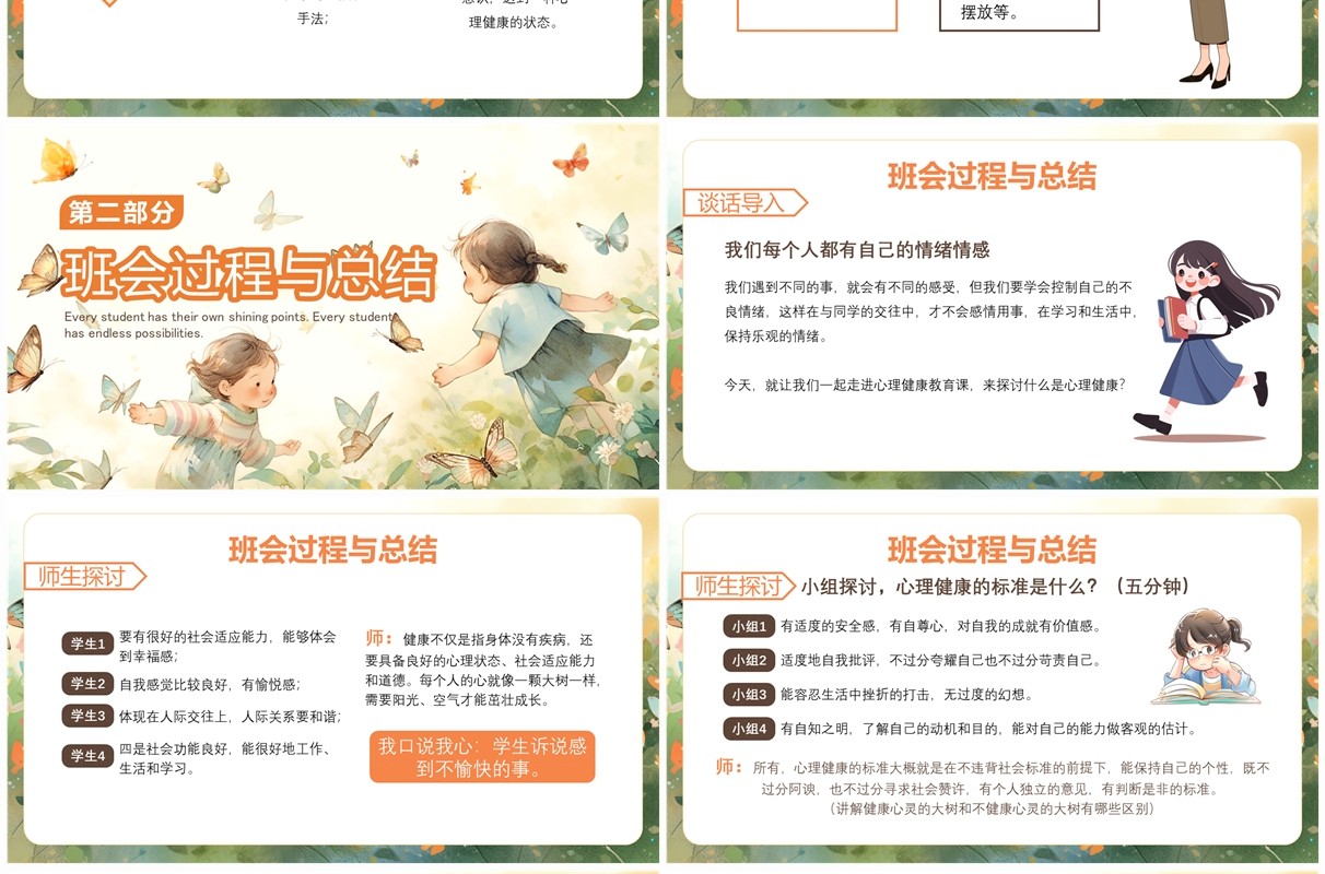 橙色插画风小学生心理健康主题班会PPT模板