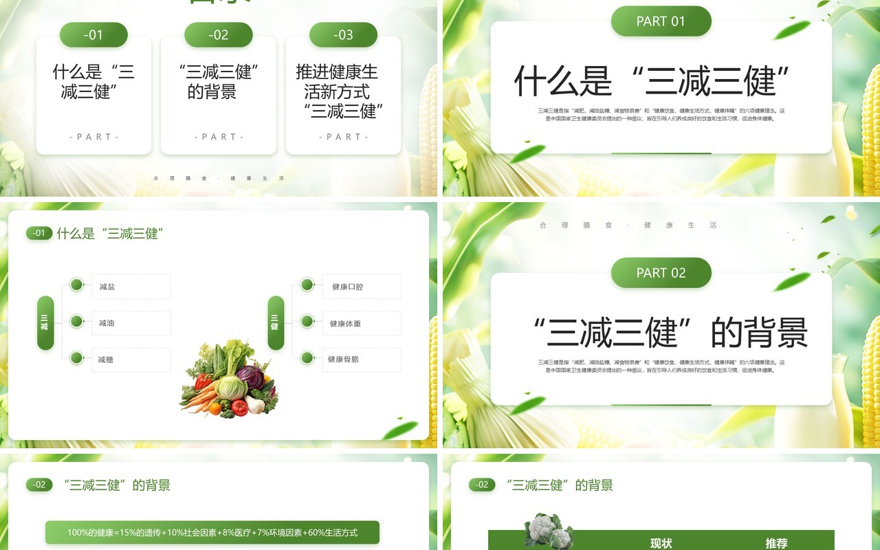 绿色清新风三减三健合理膳食健康生活PPT模板