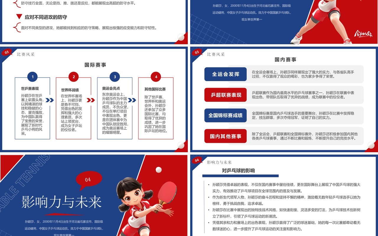 红蓝简约卡通风孙颖莎介绍PPT模板