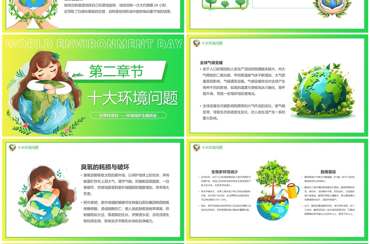 绿色卡通风爱护地球保护环境PPT模板