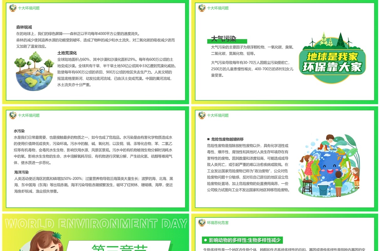 绿色卡通风爱护地球保护环境PPT模板