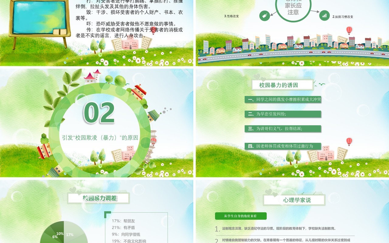 绿色中小学生校园安全反对校园欺凌PPT课件模板