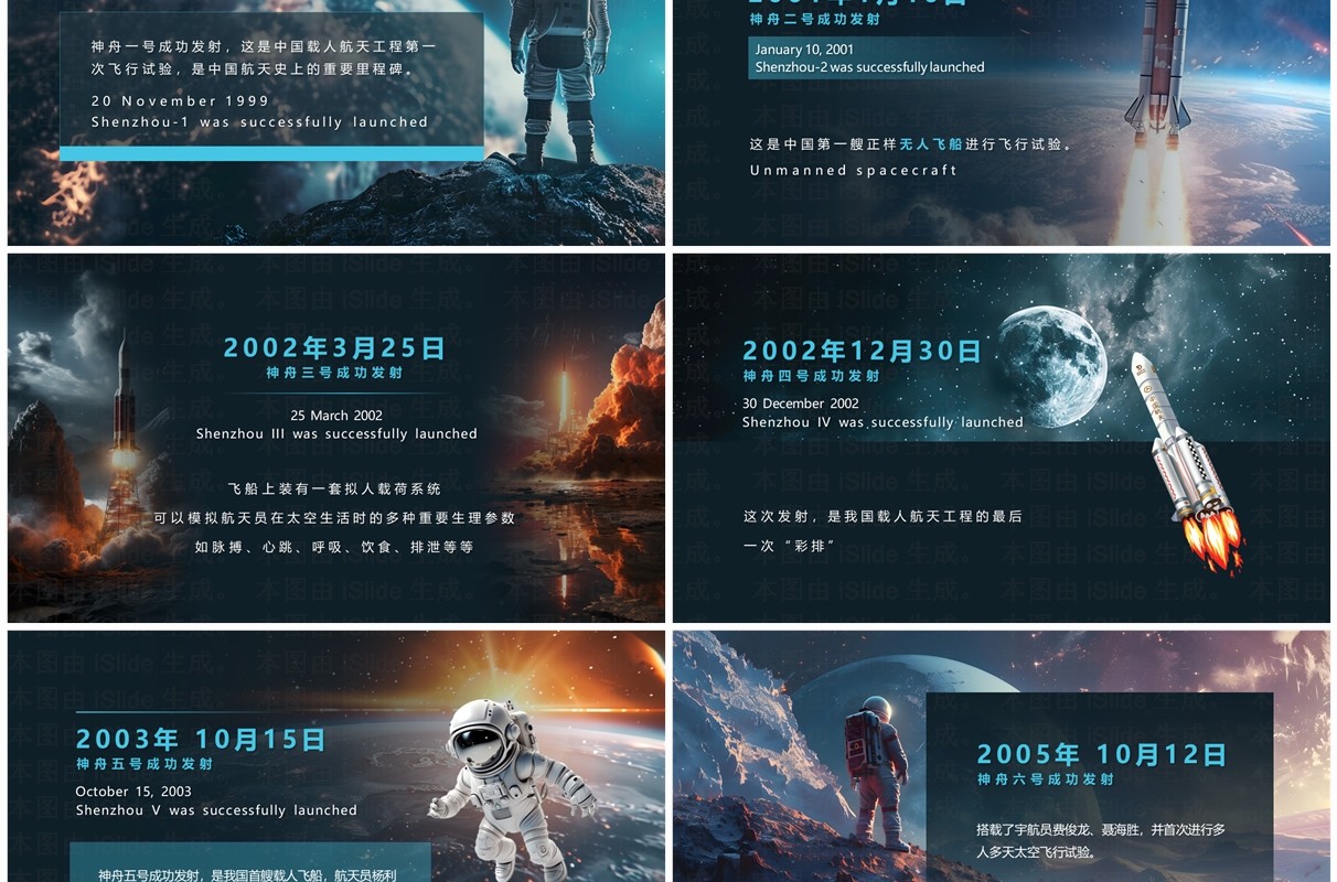 蓝色插画风中国航天发展史PPT模板