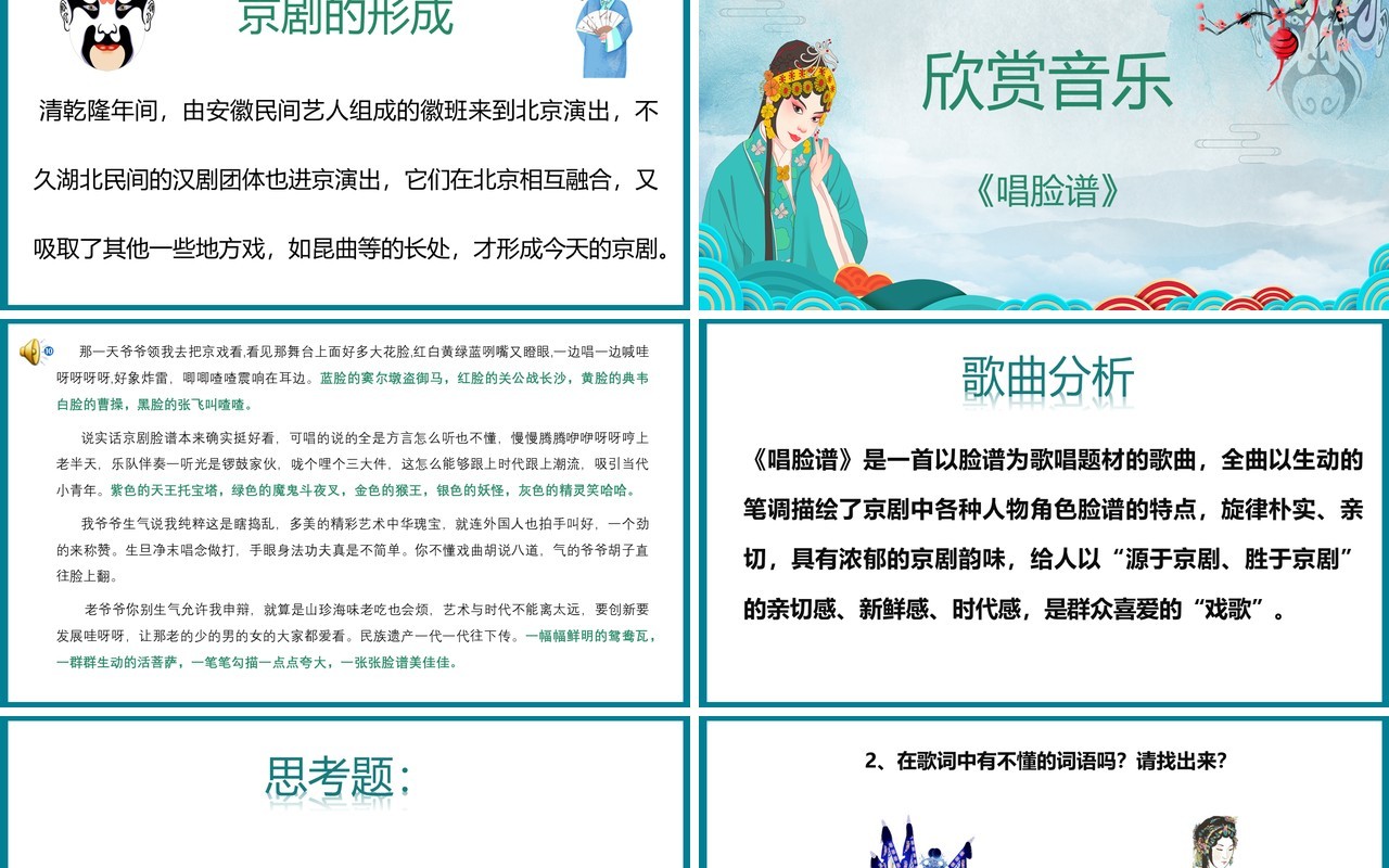 绿色简约梨园文化京剧唱脸谱教学课件PPT模板
