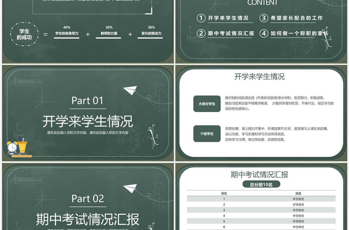 绿色黑板风期中考试成绩分析家长会PPT模板