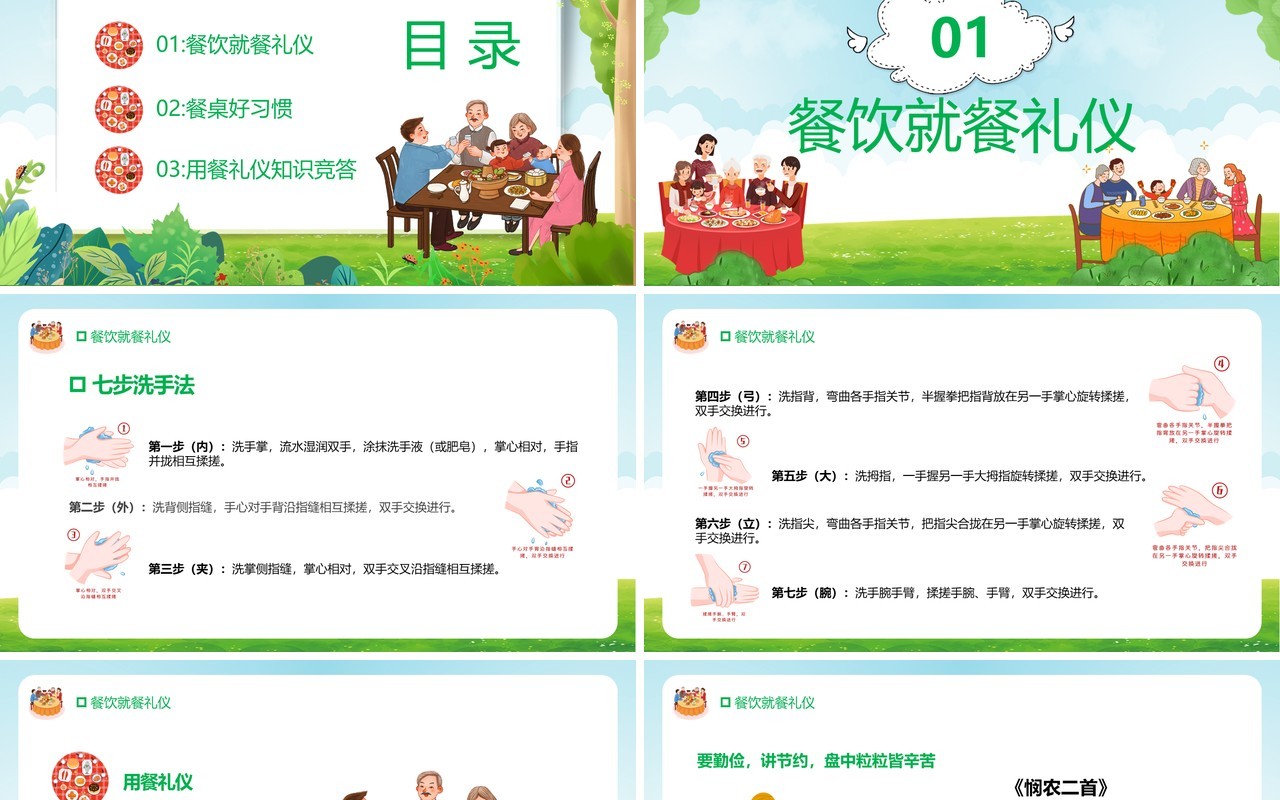 绿色卡通风小学生餐桌文明礼仪主题班会课件PPT模板