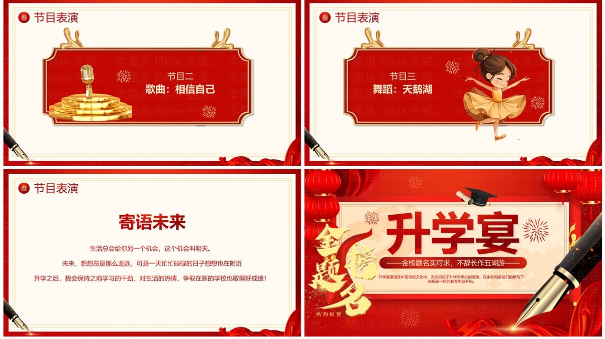 红色喜庆简约风金榜题名升学宴PPT模板