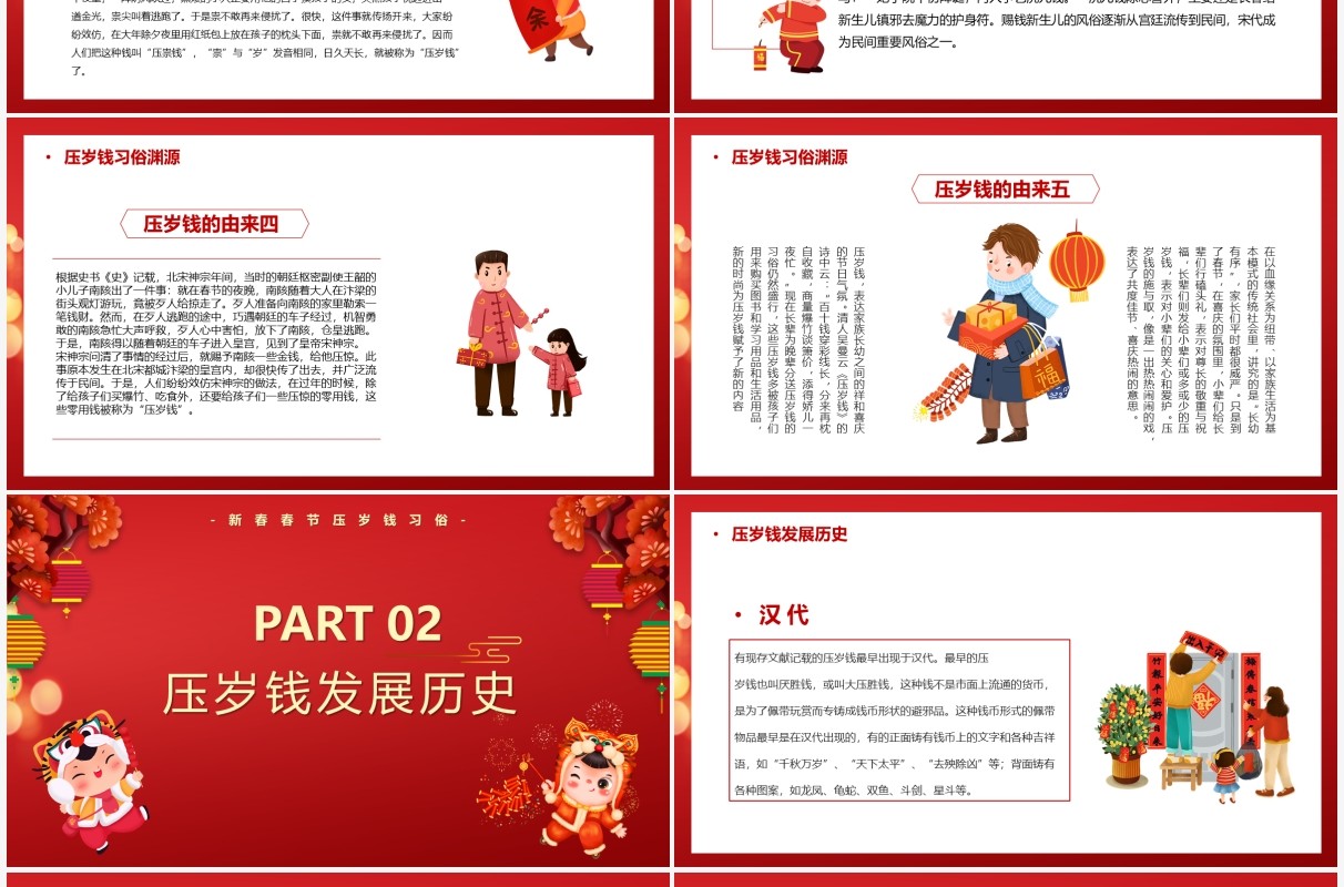 红色中国风春节压岁钱习俗介绍PPT模板