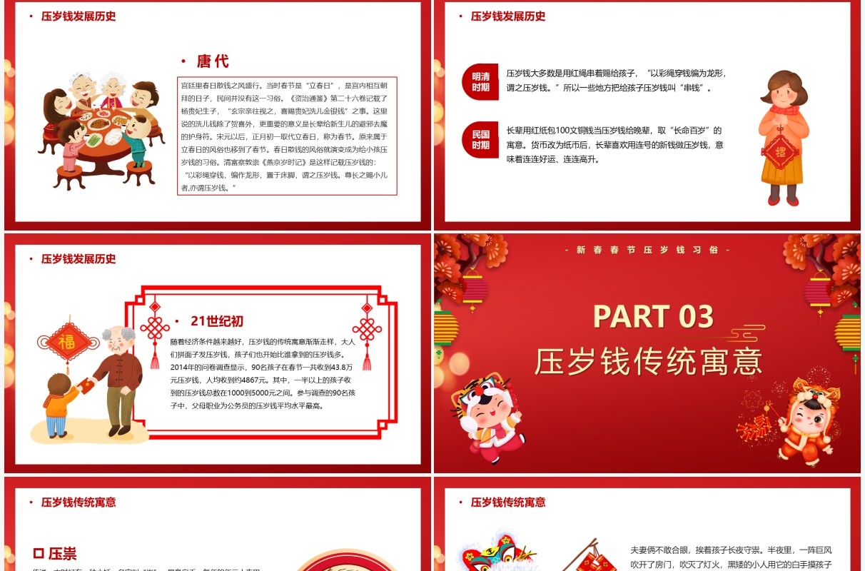 红色中国风春节压岁钱习俗介绍PPT模板
